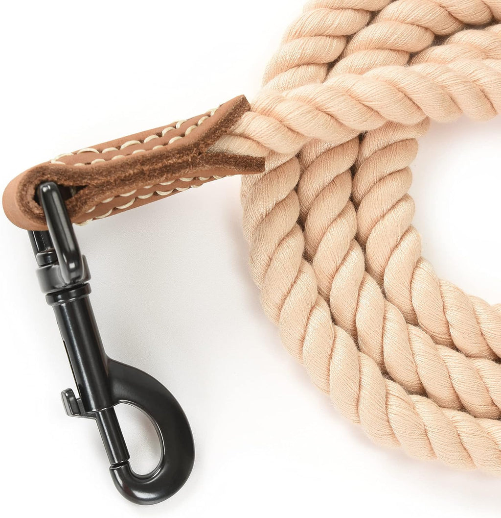 Premium Rope Dog Leash with Genuine Leather Accent 6FT, 1/2" Thick (Light Brown)