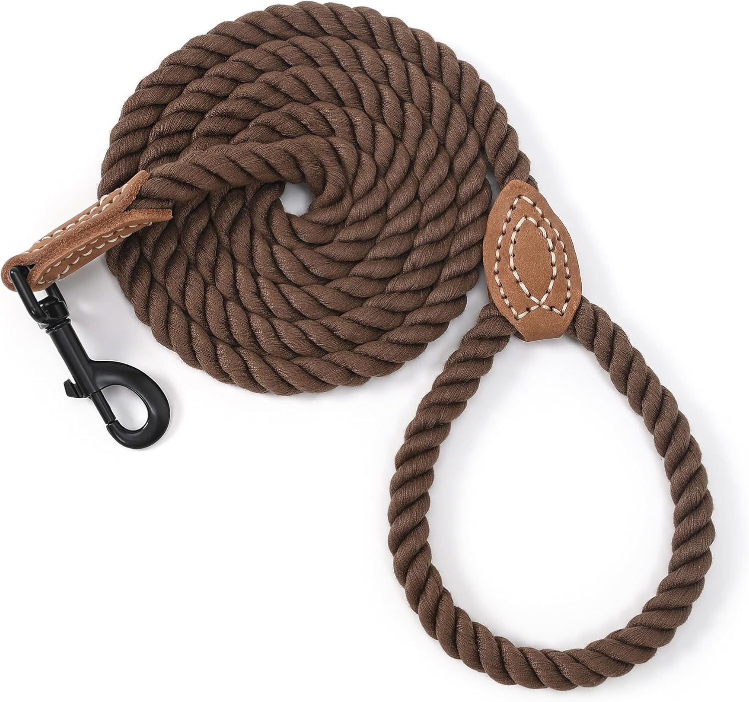Premium Rope Dog Leash with Genuine Leather Accent 4FT, 1/2" Thick (Dark Brown)
