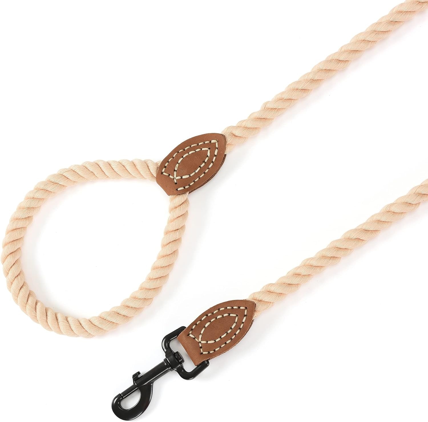 Premium Rope Dog Leash with Genuine Leather Accent 6FT, 1/2" Thick (Light Brown)