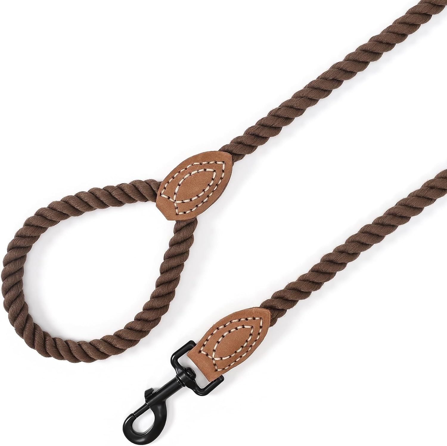 Premium Rope Dog Leash with Genuine Leather Accent 4FT, 1/2" Thick (Dark Brown)