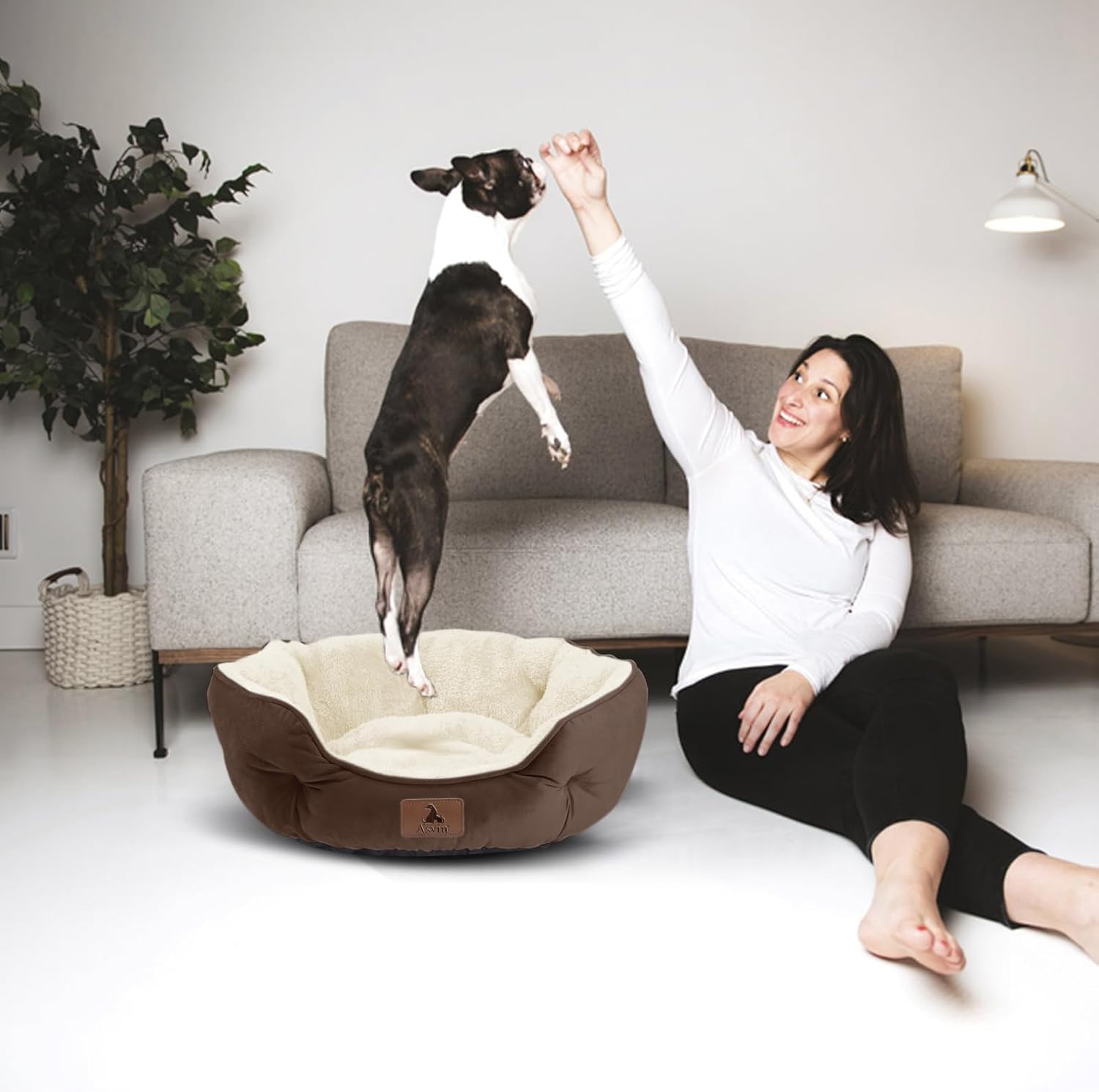 Calming Round Dog Bed (Soft Bolster for Small Dogs & Puppies)