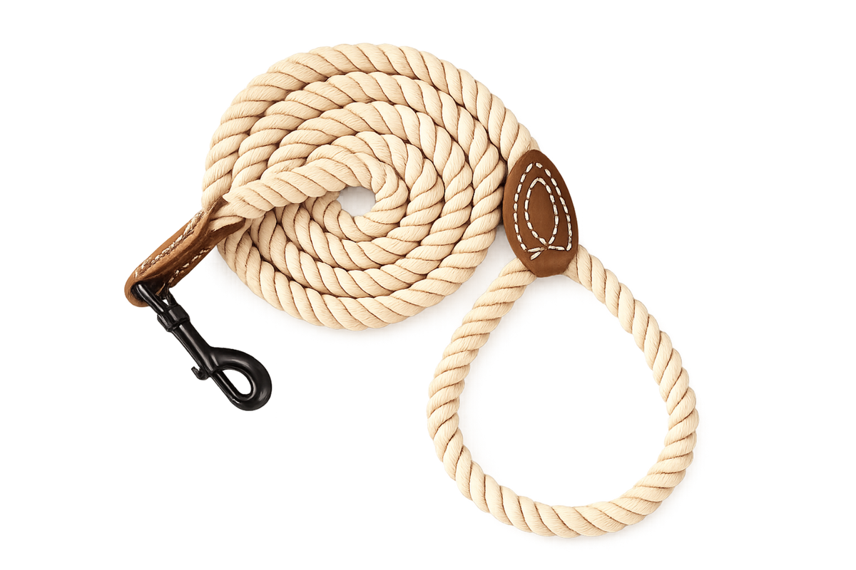 Premium Rope Dog Leash with Genuine Leather Accent 6FT, 1/2" Thick (Light Brown)