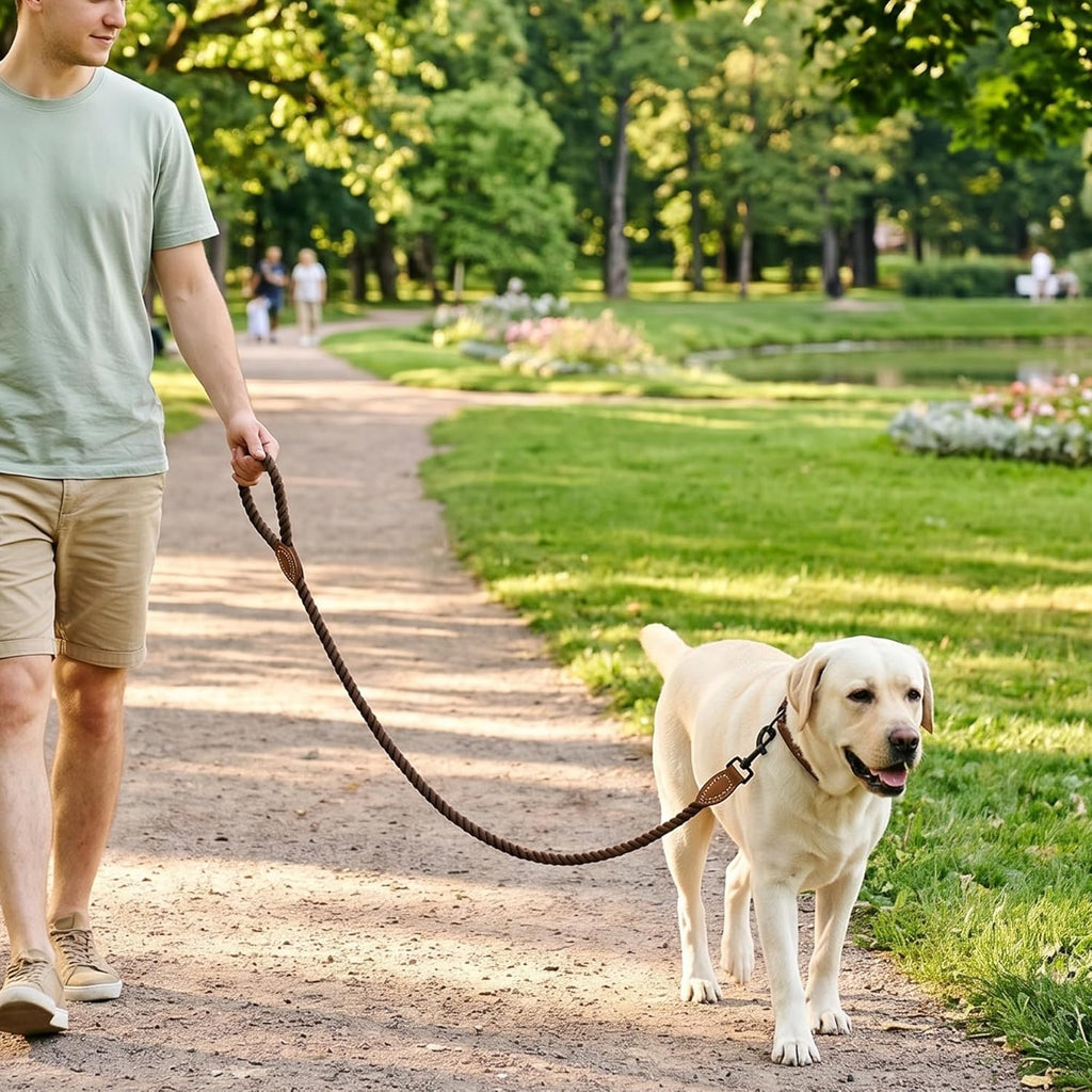 Premium Rope Dog Leash with Genuine Leather Accent 4FT, 1/2" Thick (Dark Brown)