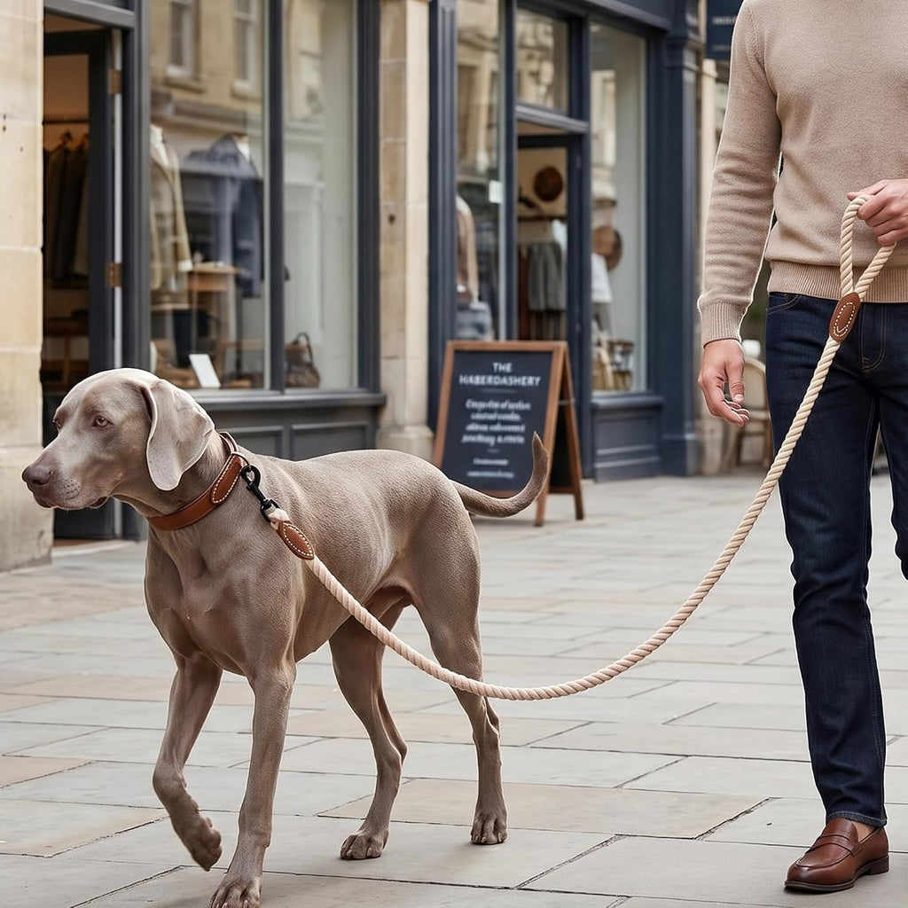 Premium Rope Dog Leash with Genuine Leather Accent 6FT, 1/2" Thick (Light Brown)